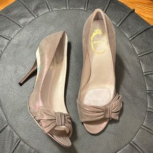 Emilio Pucci Metallic Open Toe Pumps with Vamp Bow and Geometric Fabric Details